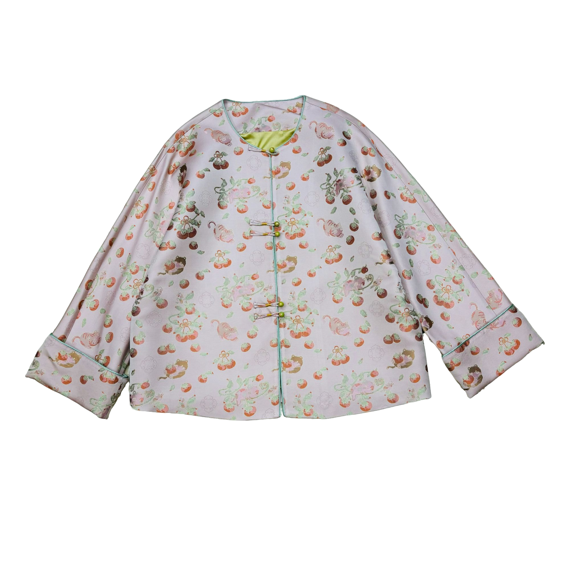 【云舞香纱】陆美英柿柿如意猫纹新中式圆领宋锦外套桑蚕丝内衬