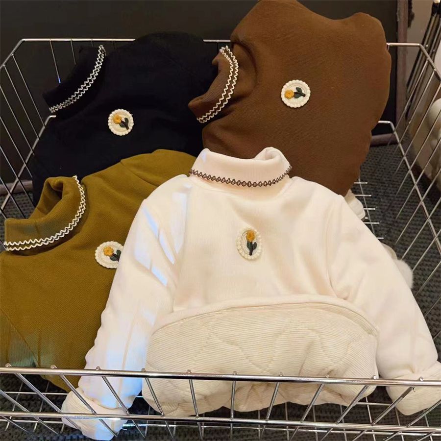 女童高领打底衫2023新款冬装加厚三层夹棉保暖宝宝洋气蚕丝棉上衣