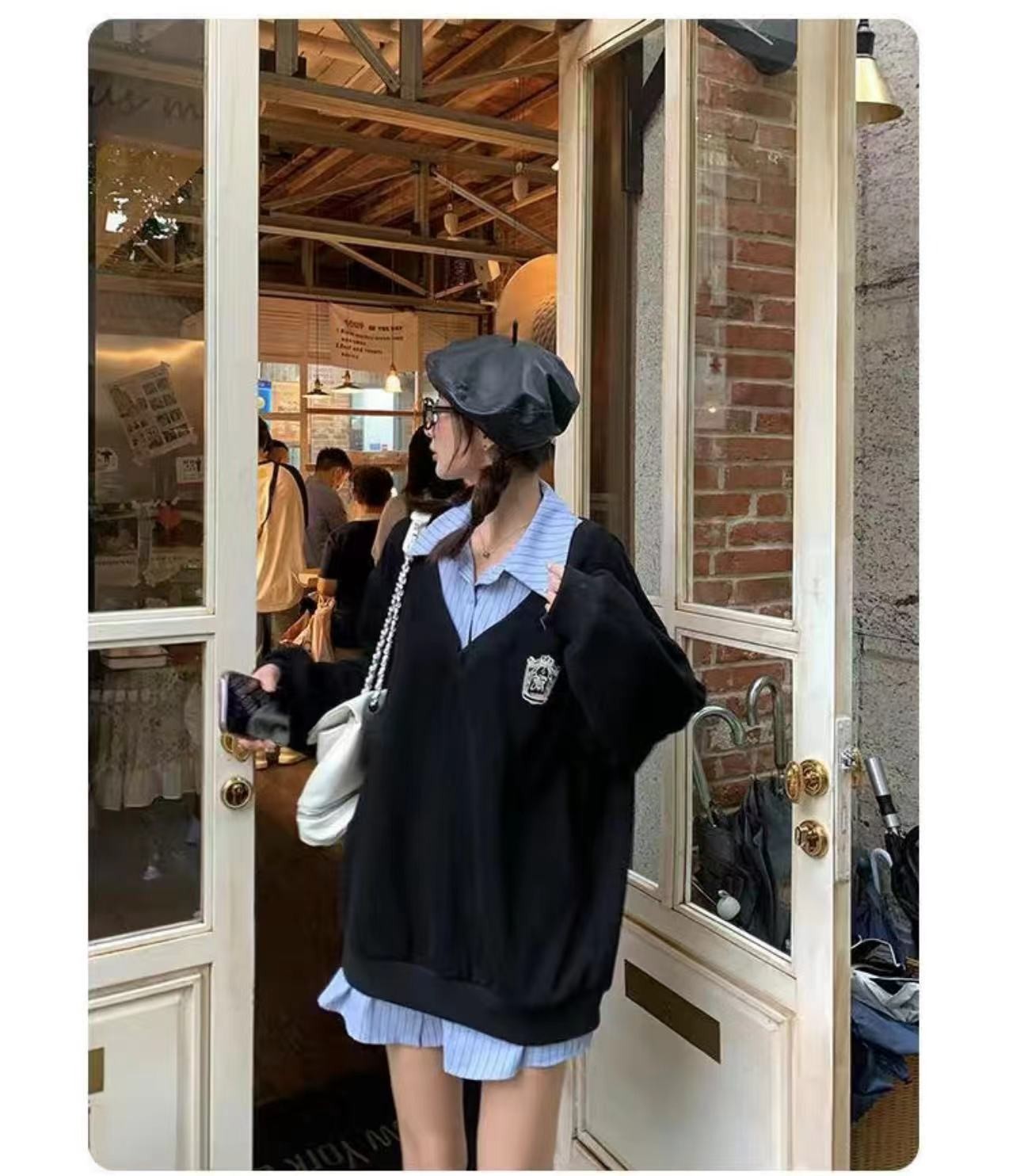 宝藏衣橱上新胖妹妹显瘦宽松卫衣学院风减龄假两件衬衫拼接上衣