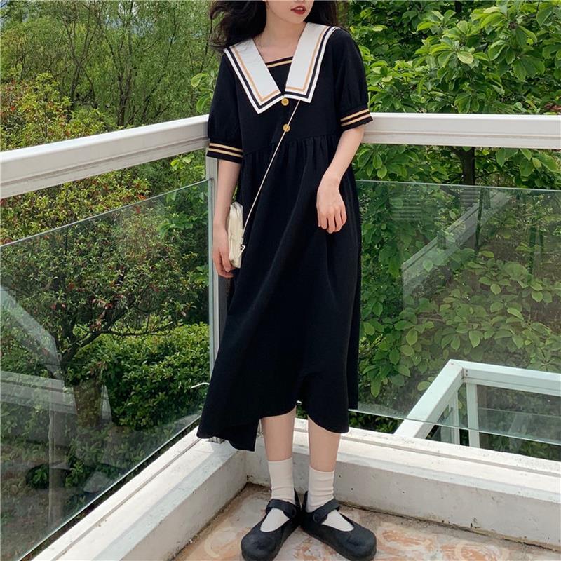 加大300斤穿 夏季裙子宽松减龄撞色海军领系带日系学院风连衣裙