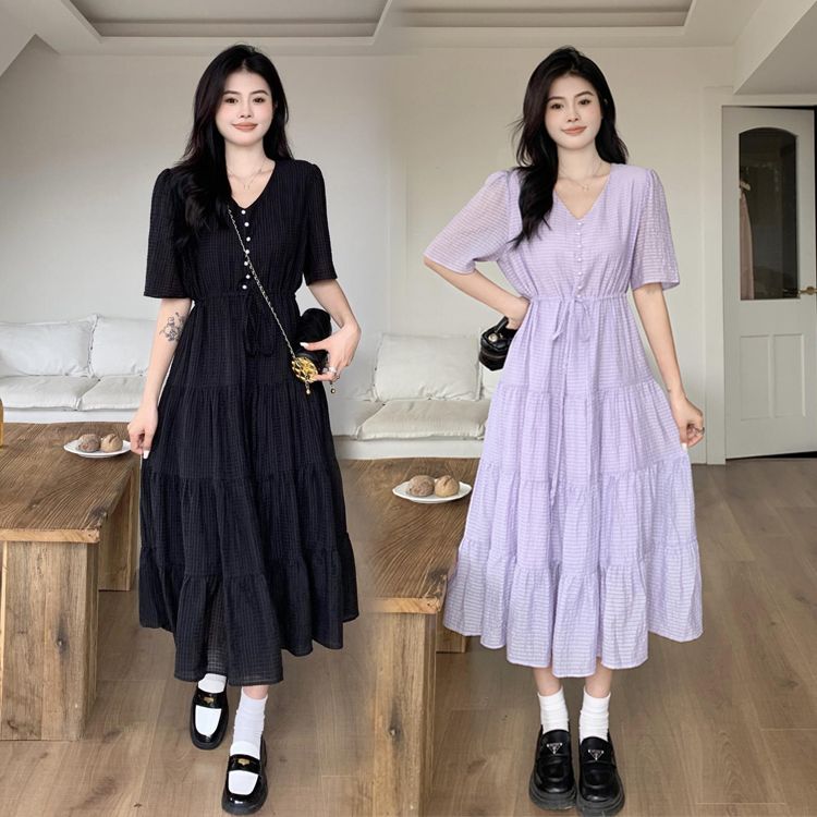 加大300斤可穿 肌理感夏季V领纯色连衣裙女显瘦温柔气质长裙