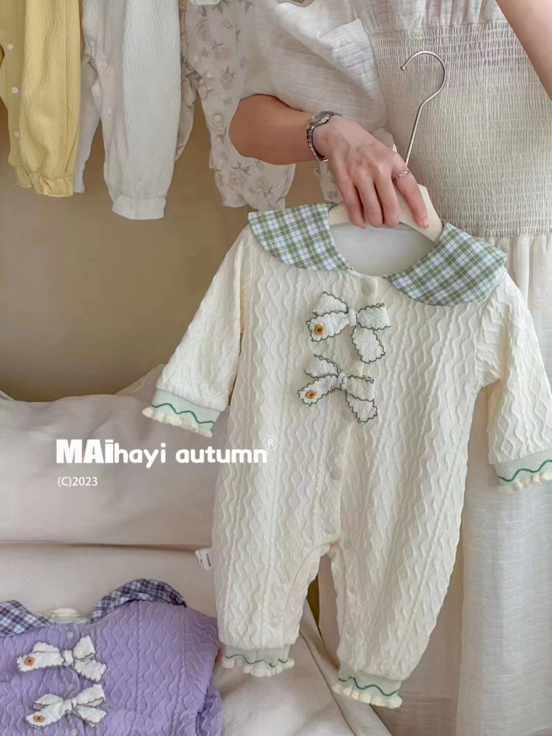 【丸子自制】韩版针织田园连体衣蝴蝶双层淑女秋冬外出长袖爬爬服