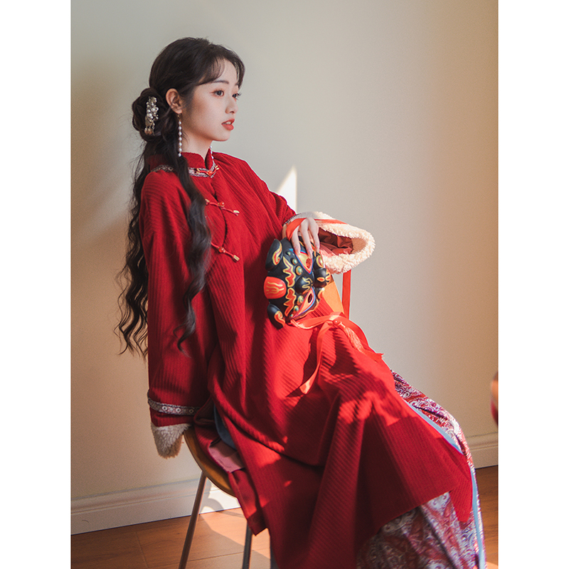 国风女装 改良红色加绒旗袍套装秋冬款敬酒服新中式连衣裙两件套