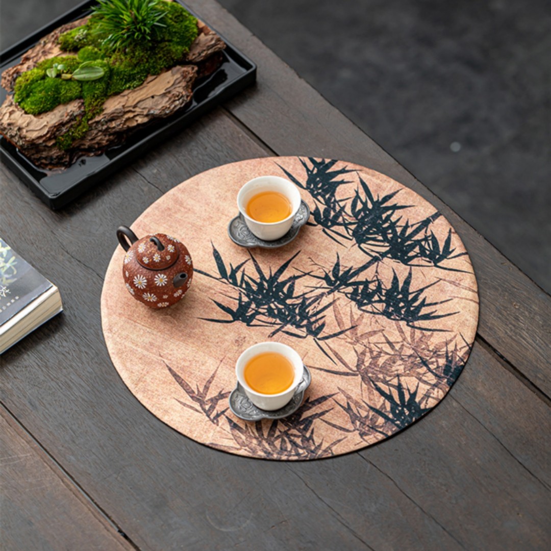 轻奢圆形墨竹瑞鹤茶席新中式禅意干泡防水茶垫仿香云纱餐盘隔热垫