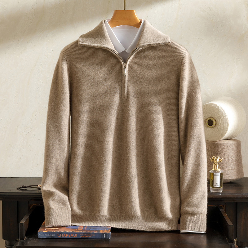 ZH同款 秋冬男士100%纯山羊绒衫翻领半拉链加厚百搭元宝针织毛衣