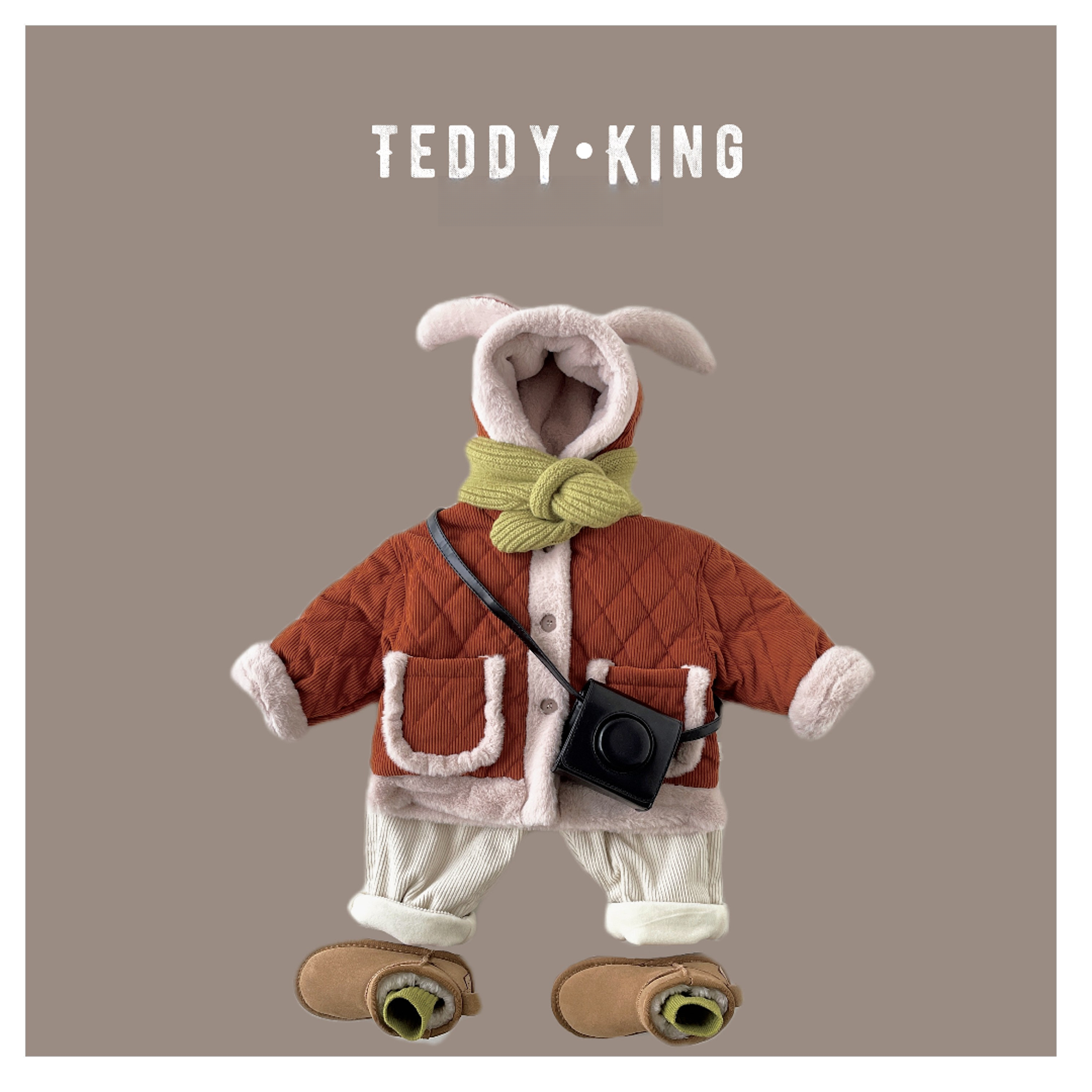 【Teddy King】2023冬 儿童韩版 兔耳条绒绗棉加绒棉服 TXB22707