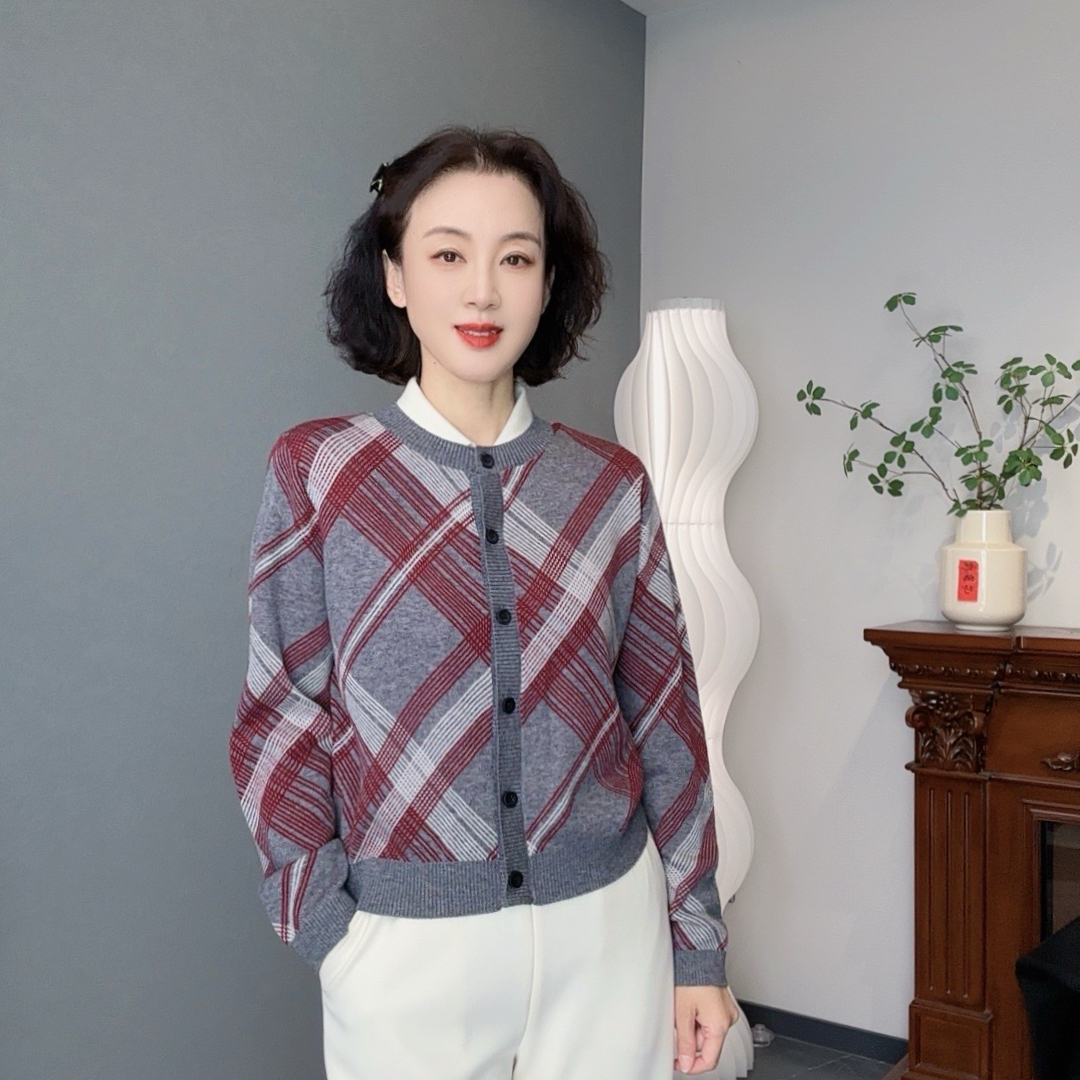 祯智服饰2765 芝麻点工艺 复古菱形格纹 针织时尚开衫
