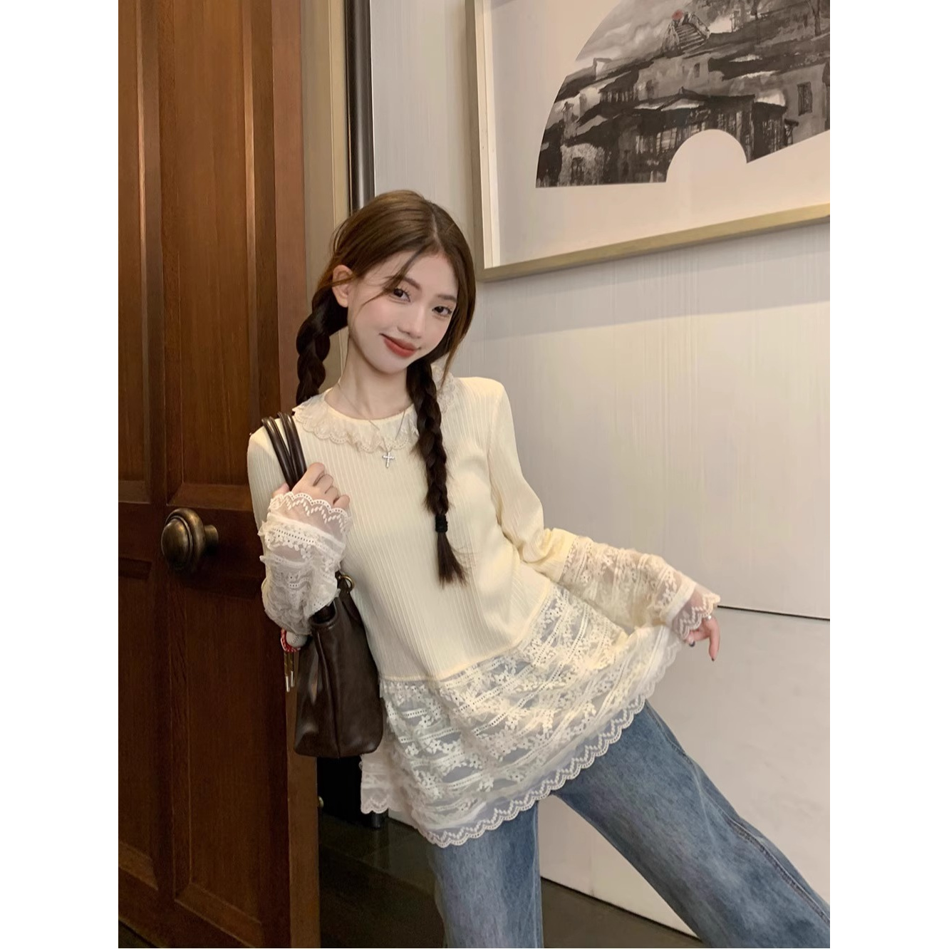 蕾丝花边领针织打底衫2025新款皮衣外套女甜酷风穿搭潮