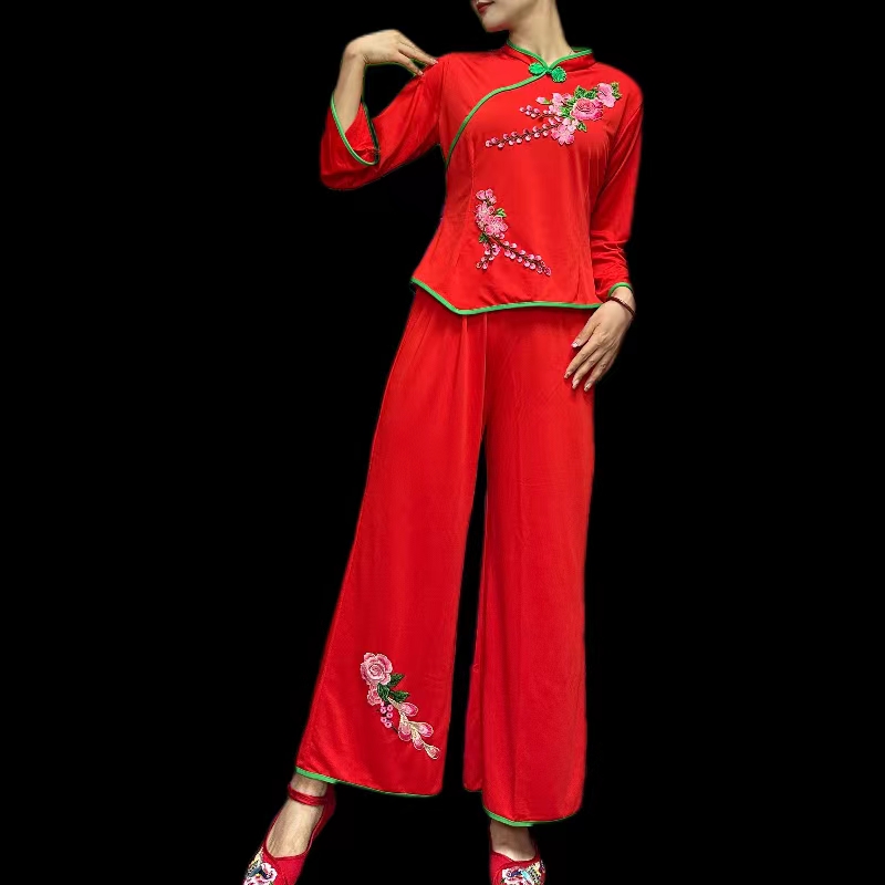 新款不规则立体花秧歌服弹力红色喜庆秧歌舞民族风腰鼓舞演出服