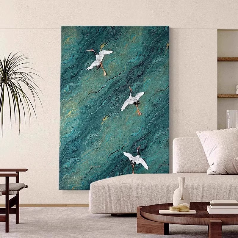 轻奢装饰画【青云白鹤】中古风砂岩画客厅沙发背景墙玄关卧室挂画