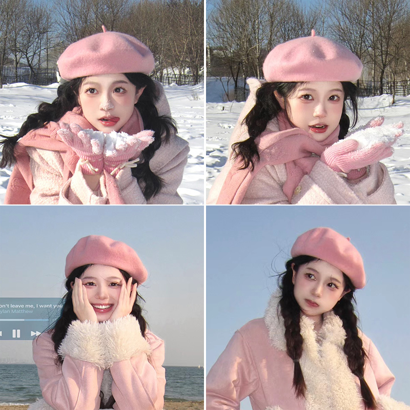 粉色羊毛呢贝雷帽女秋冬2024新款韩系网红八角蓓蕾帽保暖画家帽子