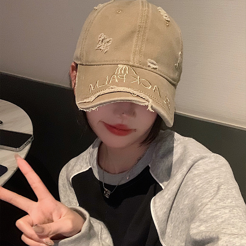 做旧破洞棒球帽女日系百搭宽帽檐加大加深显脸小鸭舌帽大头围帽子