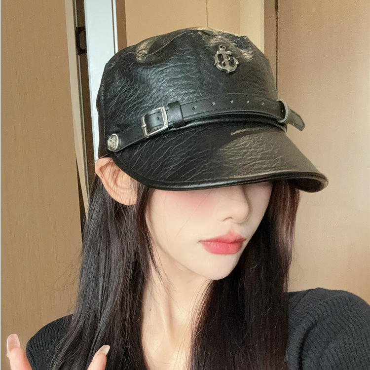 皮质鸭舌马术八角帽子女2024新款小众船锚网红渔夫帽显脸小贝雷帽