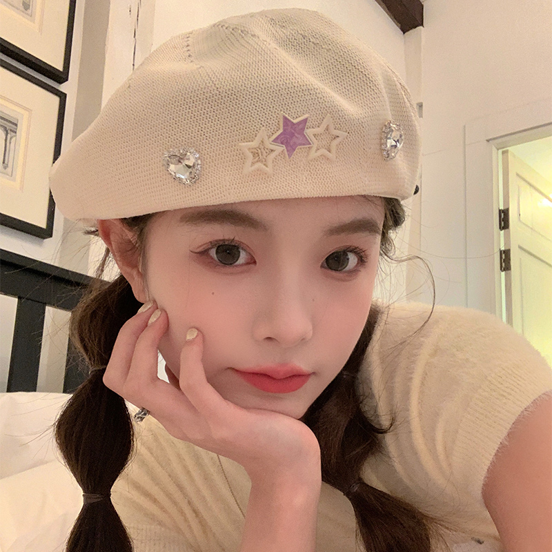 甜美可爱星星水钻贝雷帽女学生夏季透气日系显脸小百搭画家帽子