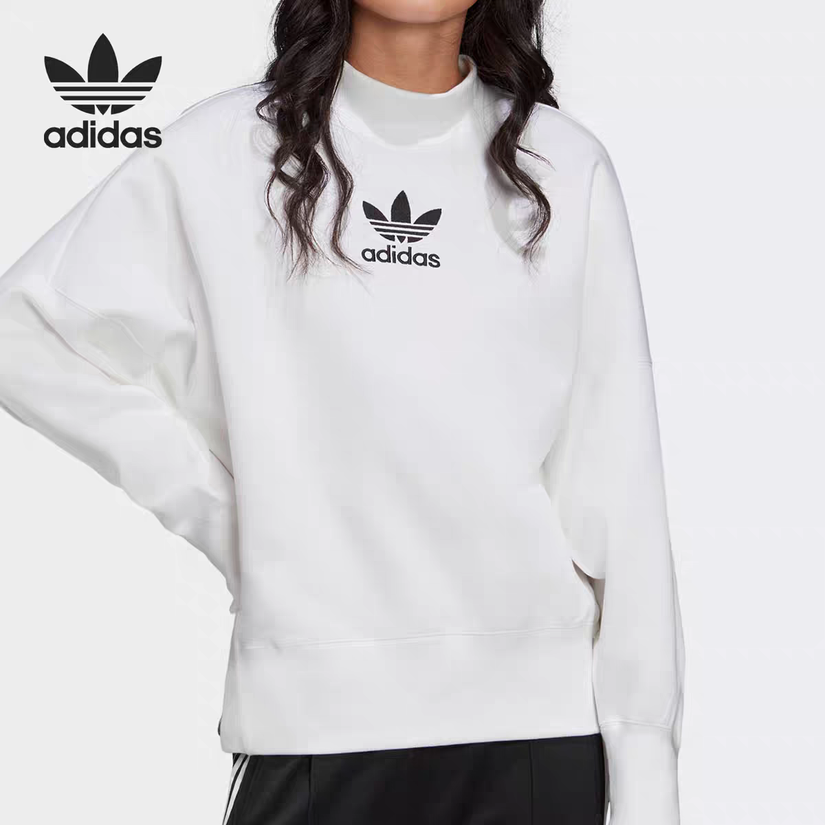 Adidas/三叶草秋季女子运动卫衣半高领宽松休闲舒适套头衫 FU1735
