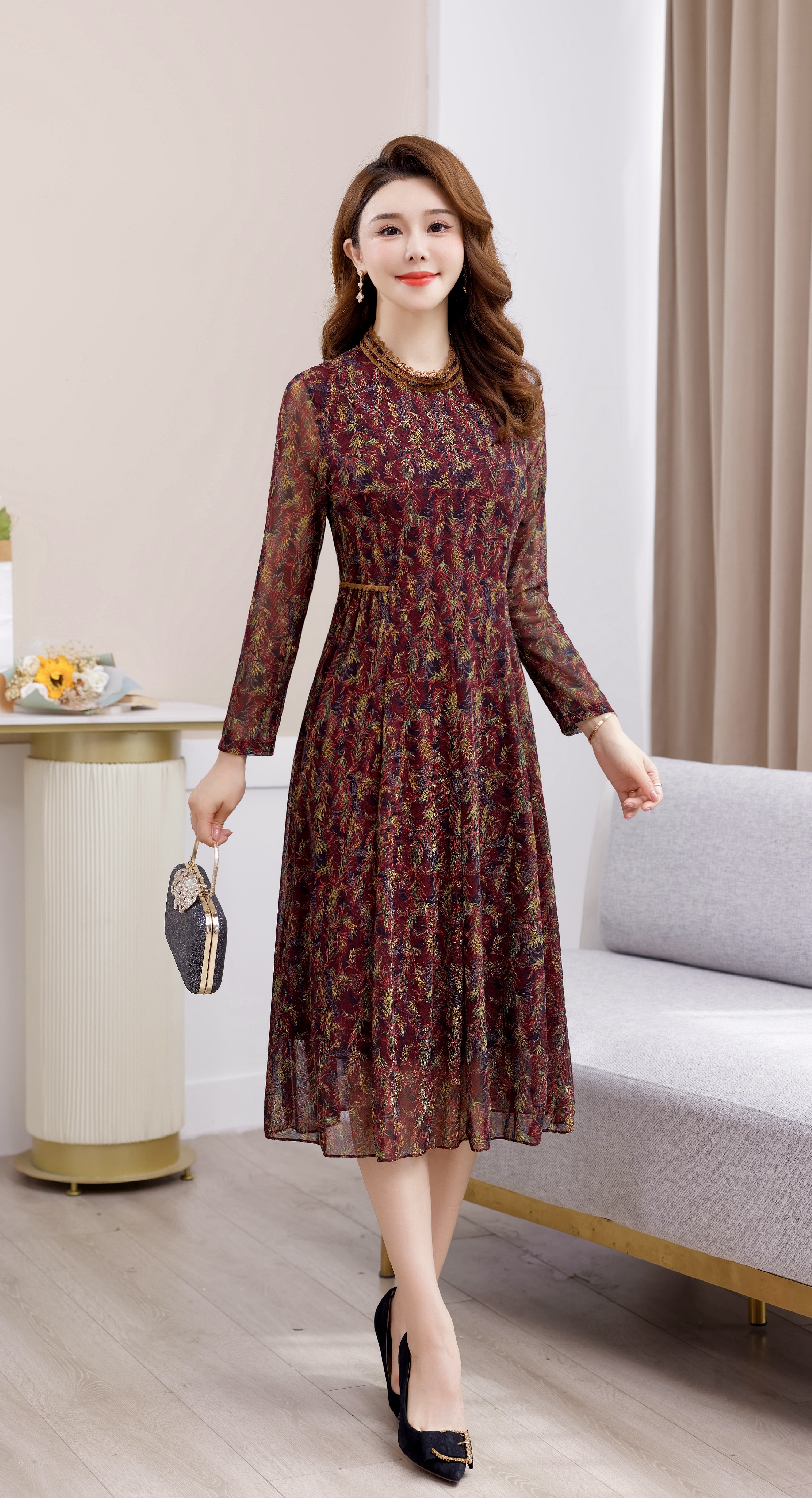 6608时尚花边领显瘦女装连衣裙甜美中长款气质百搭春秋款妈妈装