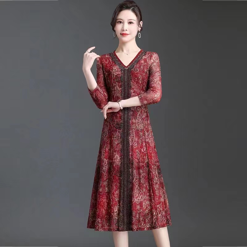 23723#时尚长袖春季连衣裙v领中长款气质修身显瘦妈妈装