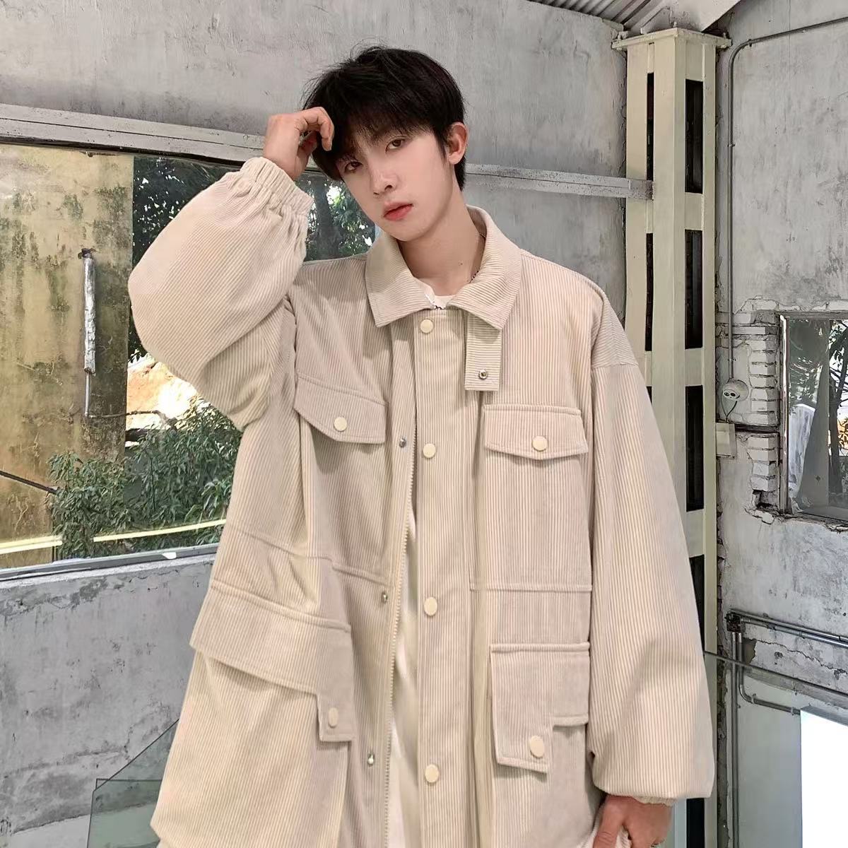 【94 米白色外套】灯芯绒大口袋休闲外套复古港风工装外套~男女同穿