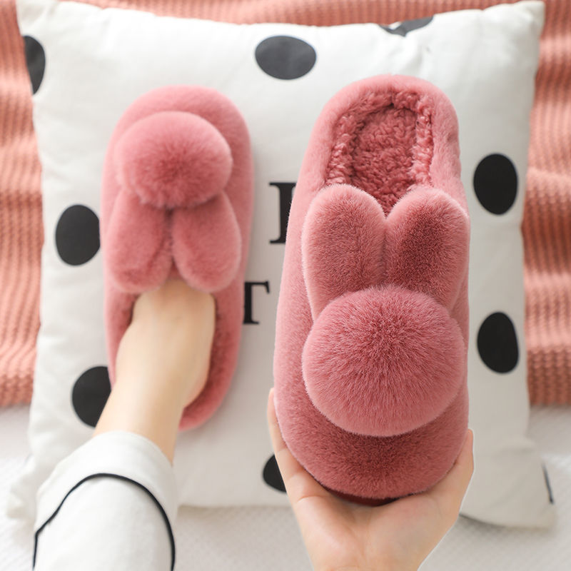 红蜻蜓牌情侣棉拖鞋女秋冬厚底防滑可爱兔毛绒保暖家用室内可爱外