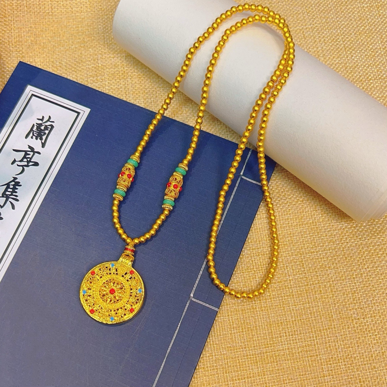 铜合金项链 新款金色珠珠链配时尚八宝罗盘项链毛衣链手工珠珠链