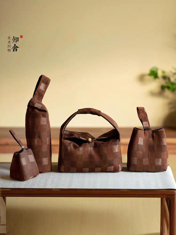 知舍手工香云纱编织格纹旅行包中式复古风壶袋保温杯袋夹棉防震