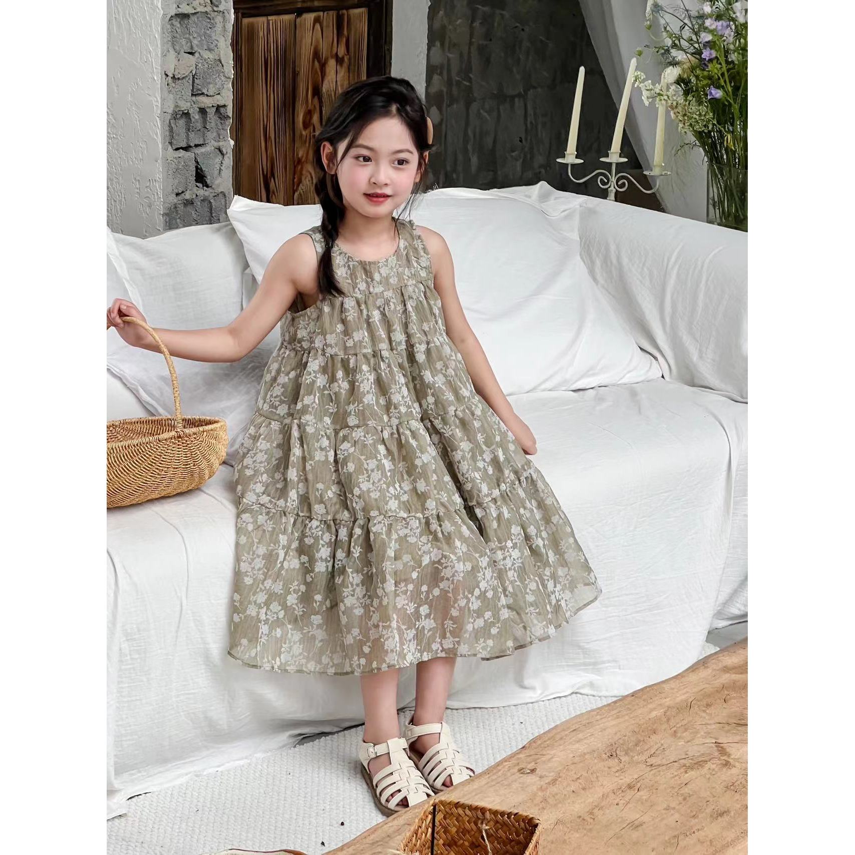 现货   2024夏季儿童新款女童豆绿印花背心裙3332