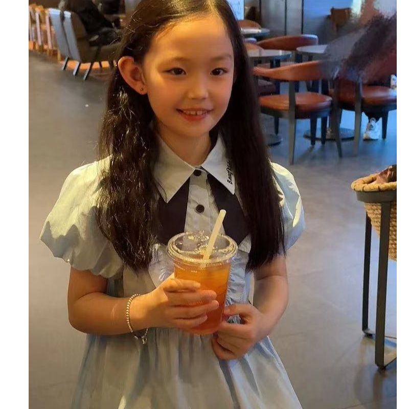 现货【学院小蓝裙】夏季儿童女童休闲泡泡袖棉布刺绣24119