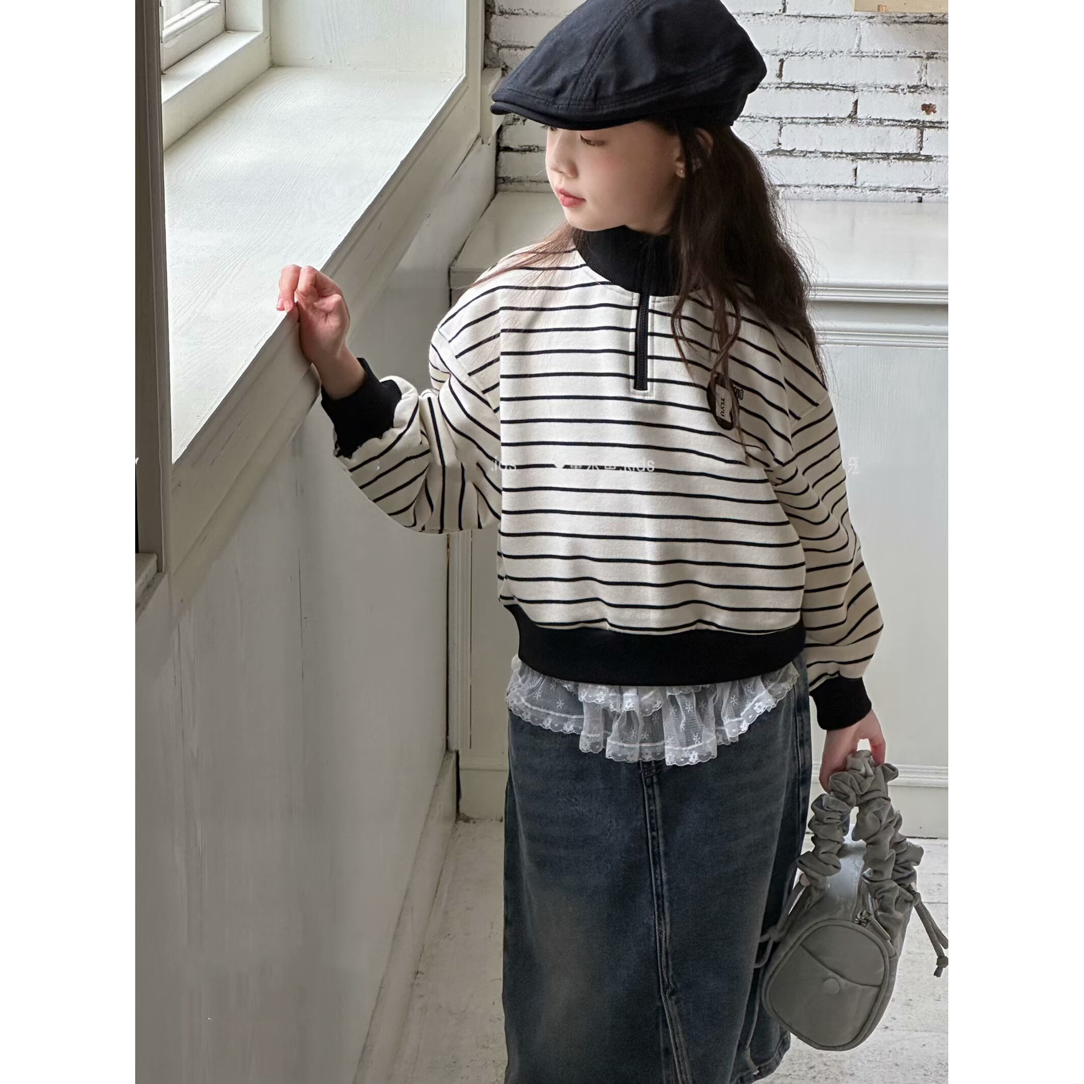 现货  【条纹半拉】2024秋季女童新款立领男童卫衣8720