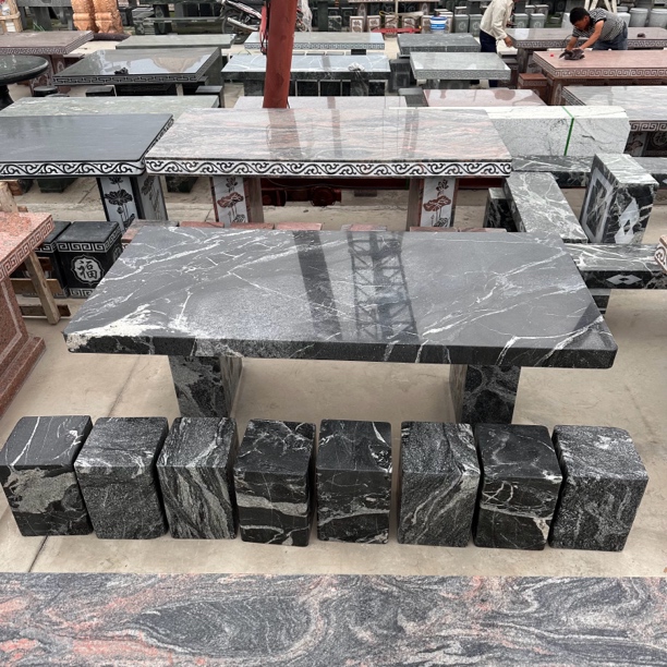 石雕石桌石凳大理石桌椅庭院花园户外室外天然泰山石雪浪长方形桌