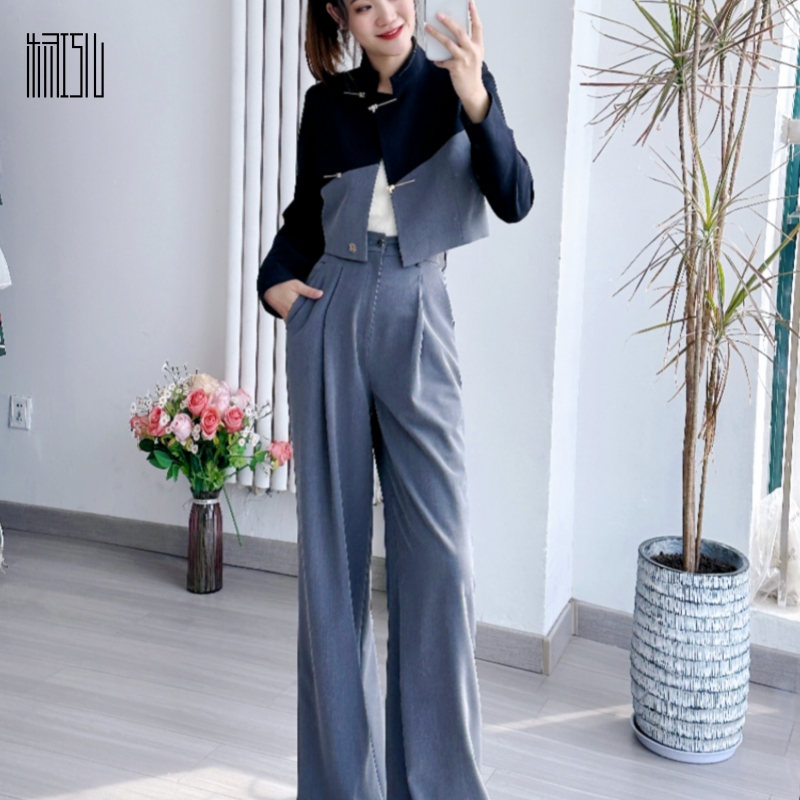 【巧儿STUDIO】国潮黑灰拼色显瘦显高 立领  新中式国风套装 定制款