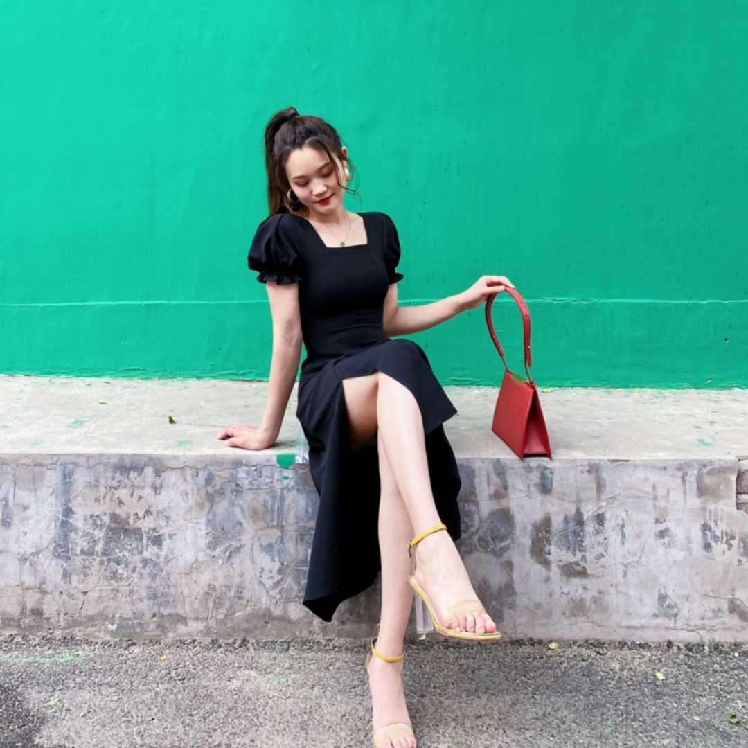 【巧儿STUDIO】时尚轻奢优雅收腰显瘦方领黑色甜蜜小黑裙    定制款