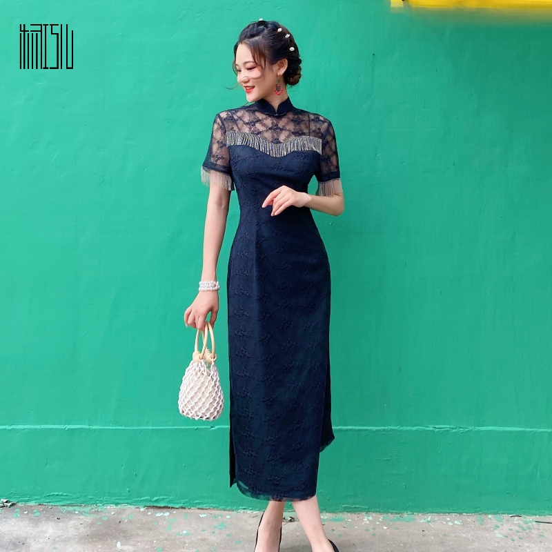 【巧儿STUDIO】新中式蕾丝流苏刺绣旗袍裙   蕾丝高腰     定制款