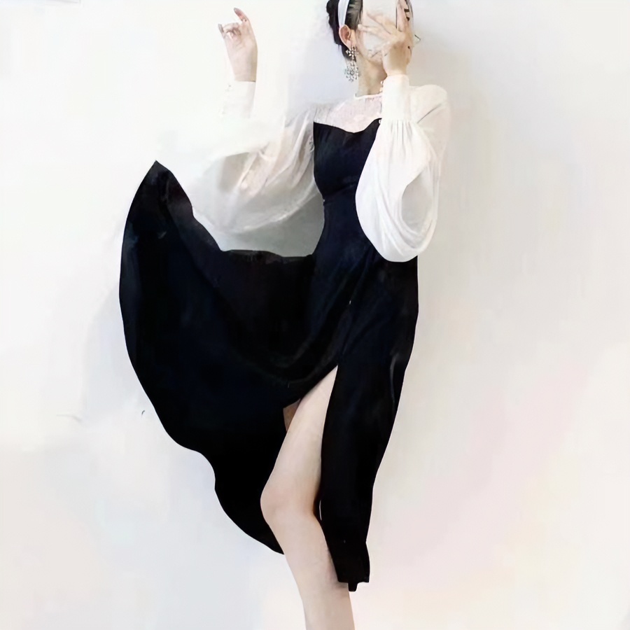 【巧儿STUDIO】时尚宫廷袖高腰连衣裙  黑色气质显瘦百搭宽松连衣裙