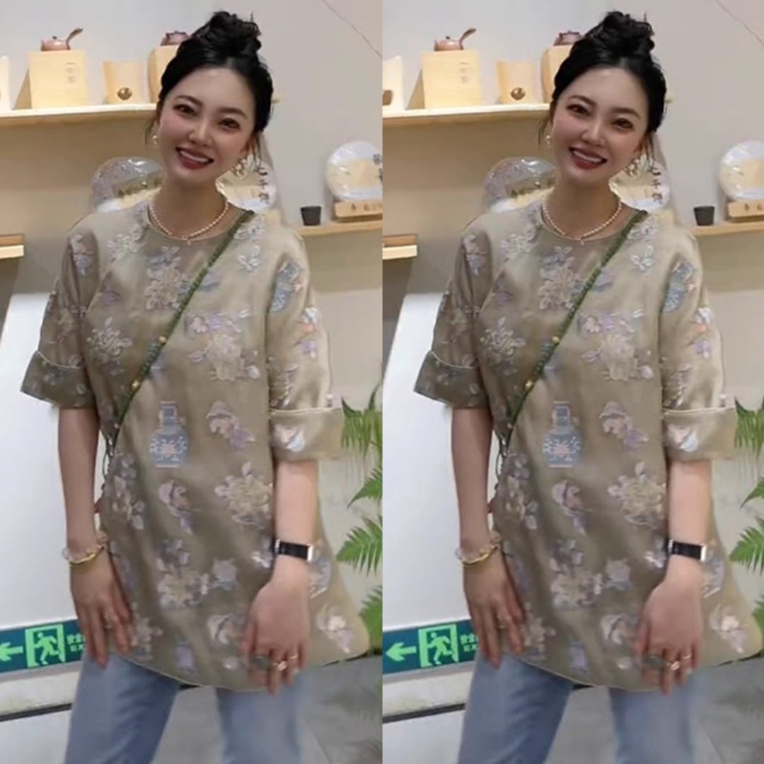 欧洲站2024夏季新款高级感宽松印花中长款衬衫女百搭系带上衣潮