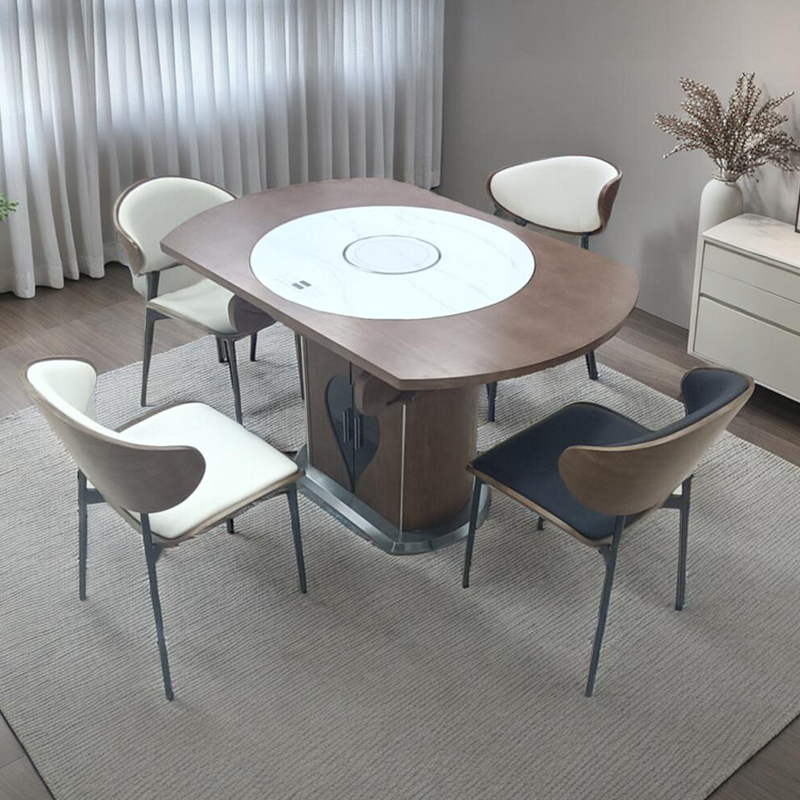 多功能实木餐桌带内嵌暖菜转盘可伸缩实木圆桌可变长方饭桌