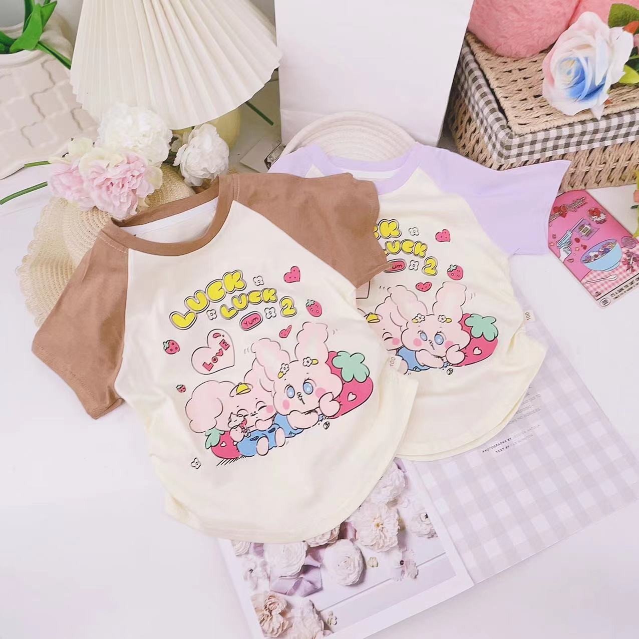 9100小童夏季夏款撞色短袖粉色印花波浪耳朵兔T恤       儿童时尚