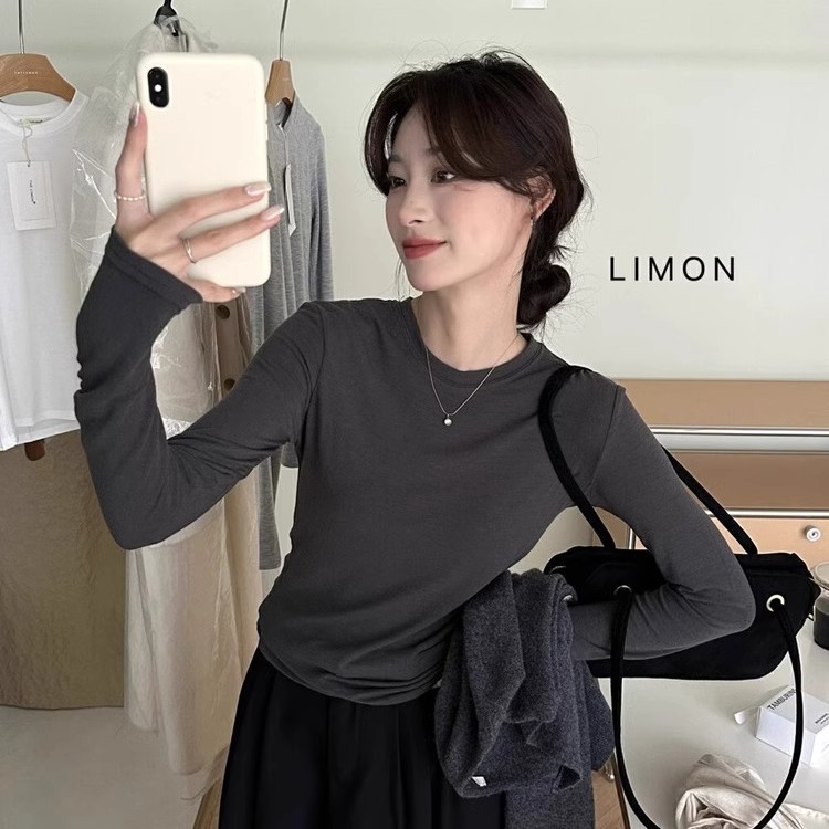 芊芊芙高弹软糯灰色圆领长袖正肩打底衫女春秋高级感内搭打底T恤