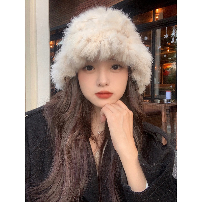 真兔毛白色毛绒帽子女秋冬季保暖显脸小护耳毛线帽皮草针织渔夫帽