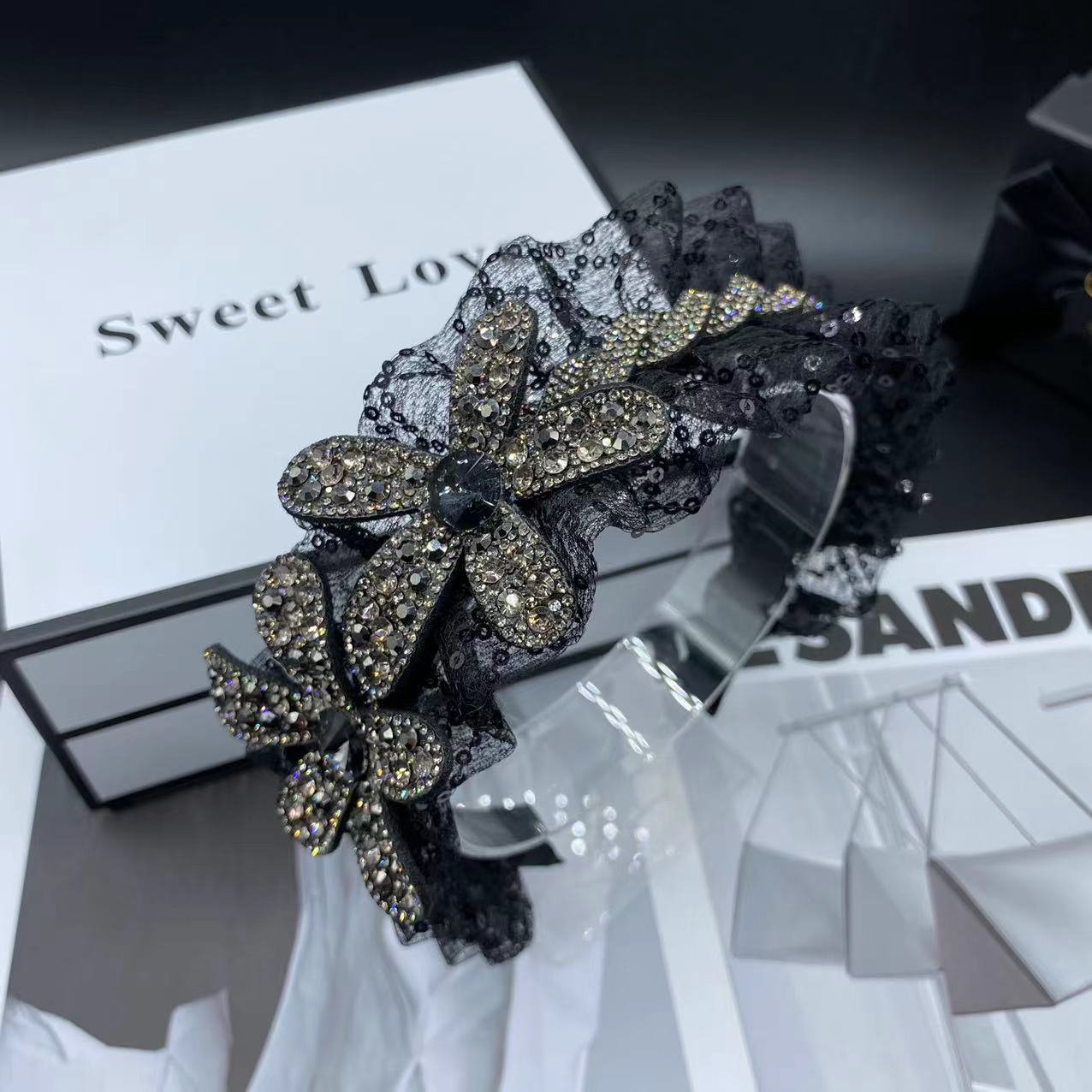 轻奢网纱高级感发箍黑色花朵时尚水钻高颅顶气质优雅百搭头饰发卡