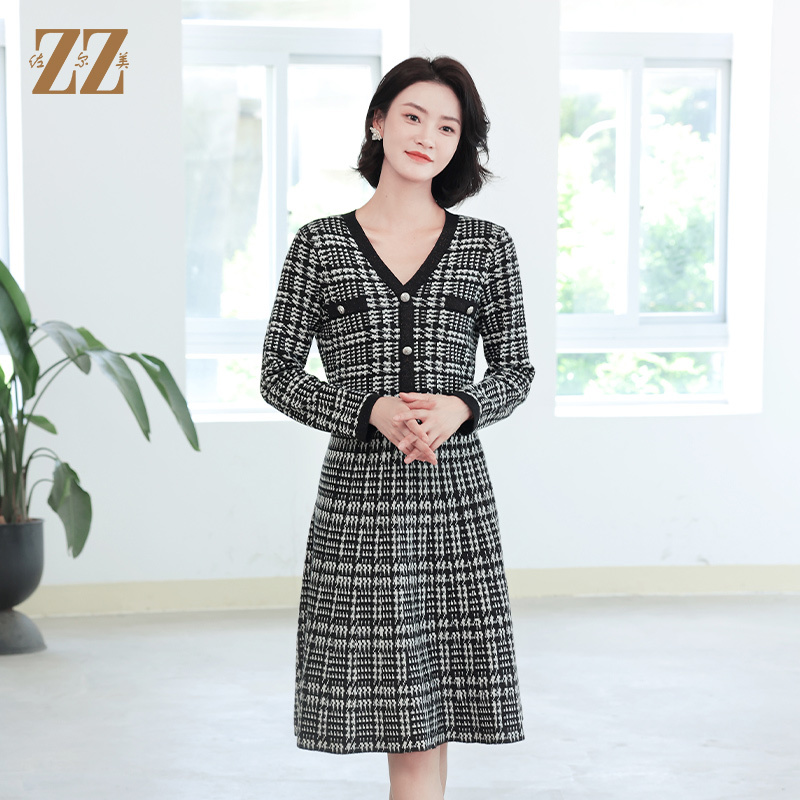 佐尔美秋冬新款 气质格子条纹羊毛连衣裙女E14ML11显瘦