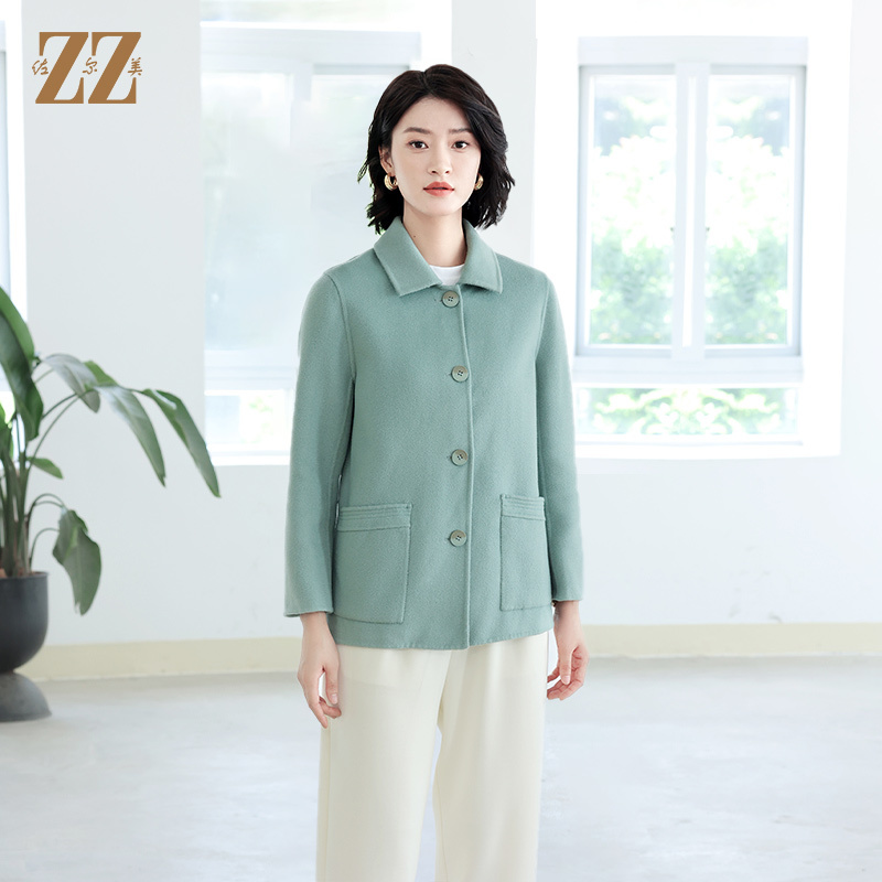 佐尔美秋冬新款气质纯色绵羊毛双面呢大衣女呢子外套中长款
