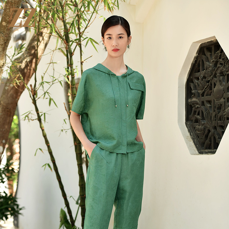 佐尔美夏季新款100%桑蚕丝真丝连帽莨绸女装百搭衬衣女E32CS60