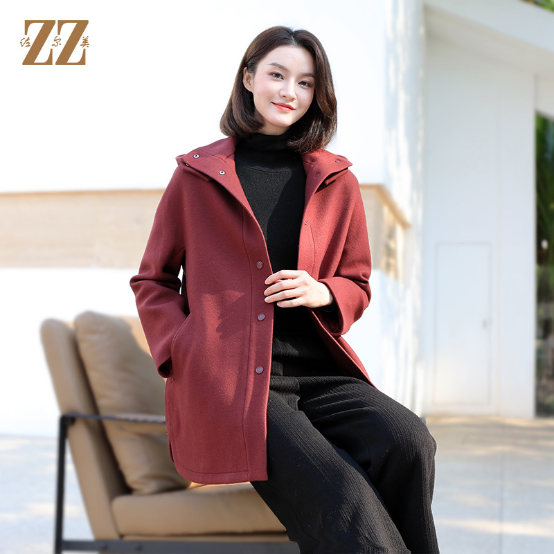 ZZ/佐尔美佐尔美秋冬新款简约连帽绵羊毛呢大衣外套女E34ZZ32