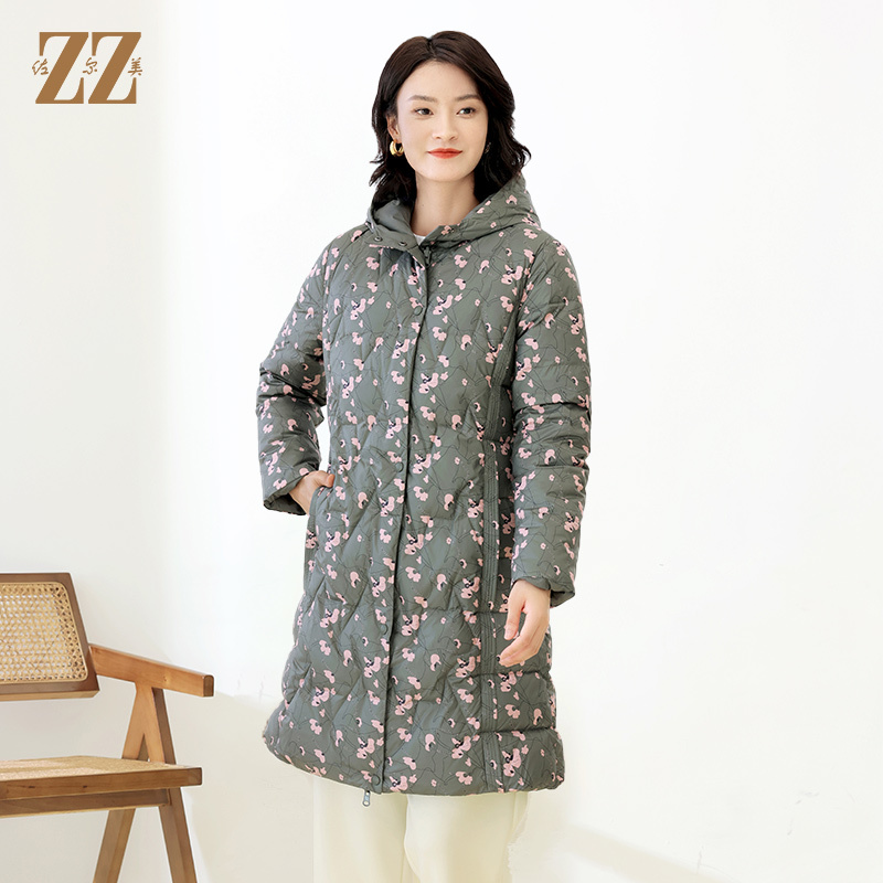 佐尔美冬季新款甜美花色中长款连帽羽绒服秋冬保暖女E14YY17