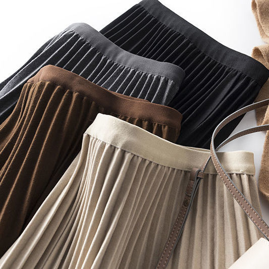 咖啡色加厚毛呢百褶裙半身裙春秋冬中长款2023新款高腰显瘦松紧腰