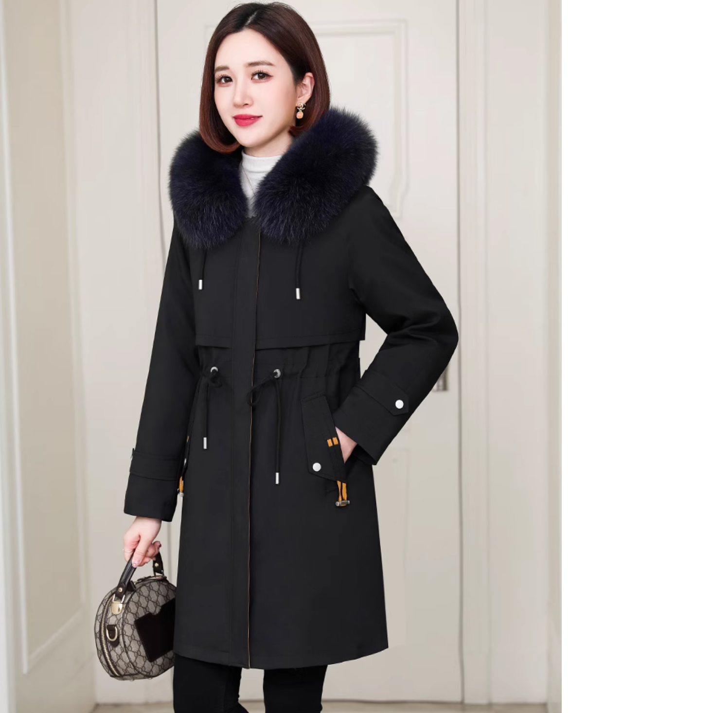 女长款黑色2024冬新款中长款时尚中可拆卸獭兔毛内胆皮草外套气质