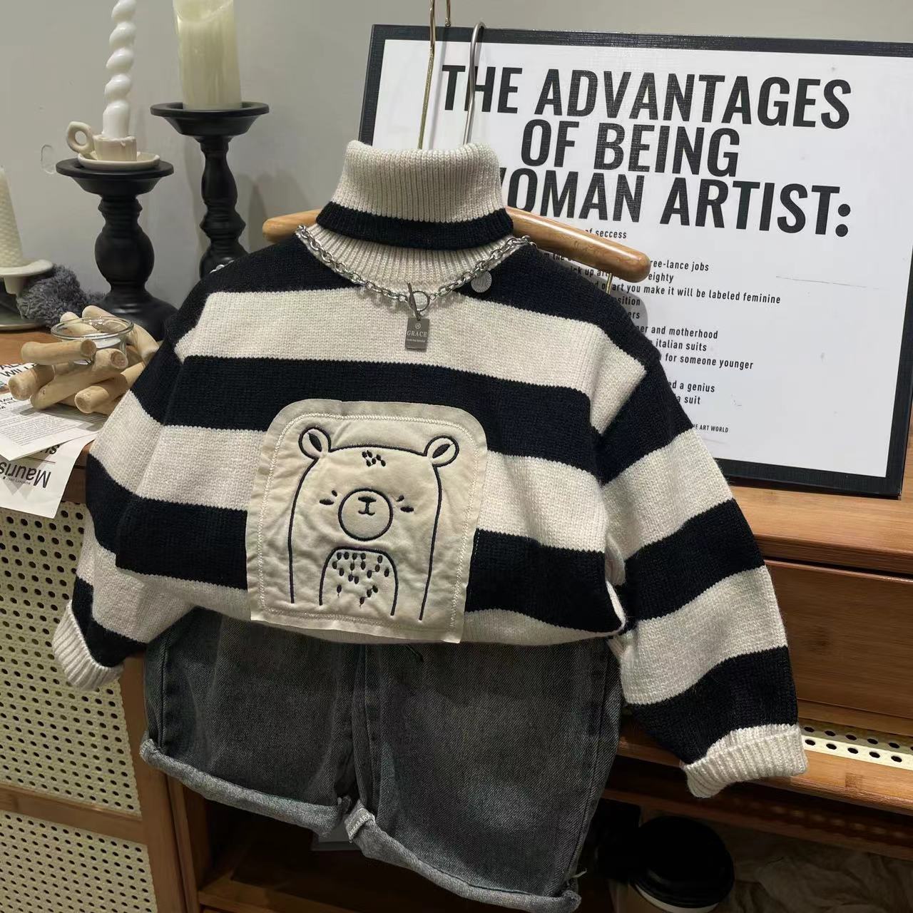 韩版儿童两翻领贴补小熊针织套头毛衣条纹宝宝秋冬