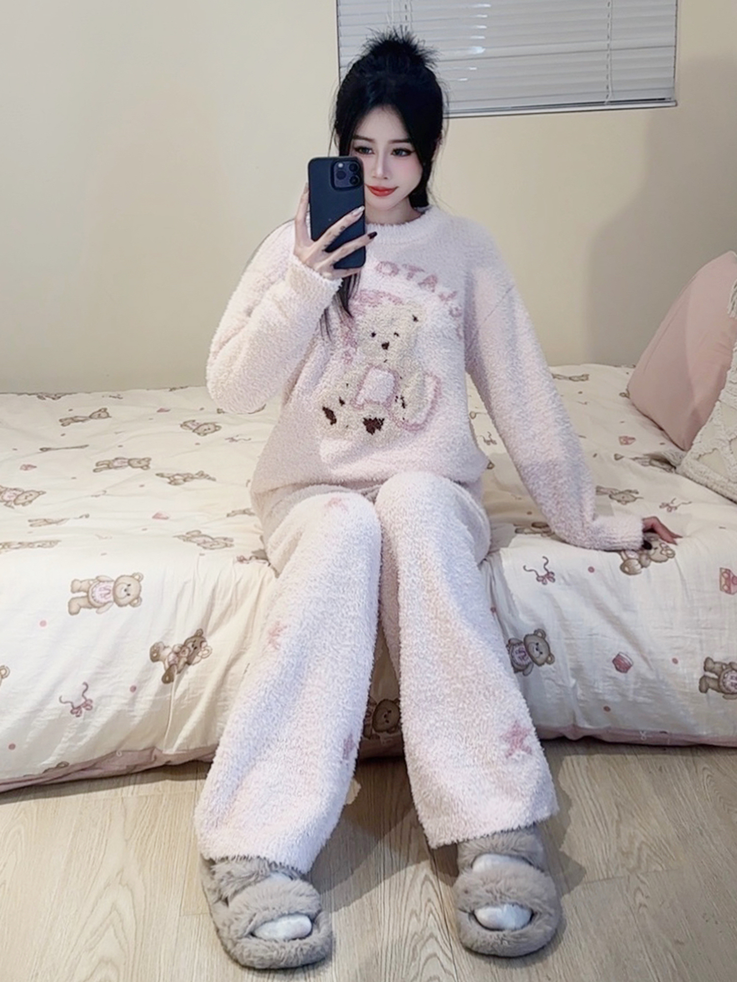 【慵懒晚安小熊】半边绒睡衣女冬季新款加厚毛绒针织保暖家居服套装