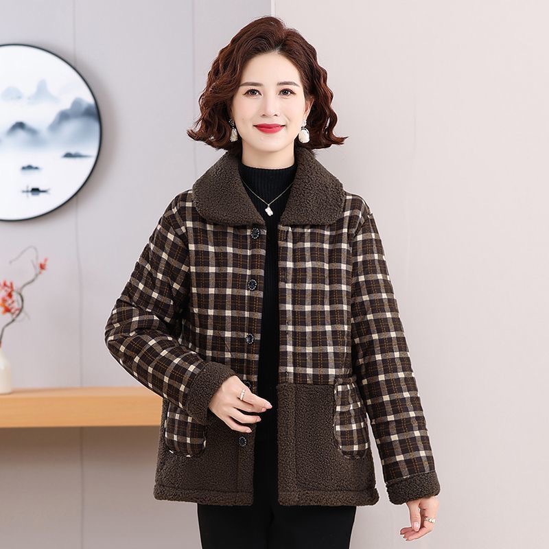 妈妈冬装外套中老年人加绒格子加厚女装时尚棉服棉衣时尚小装棉袄