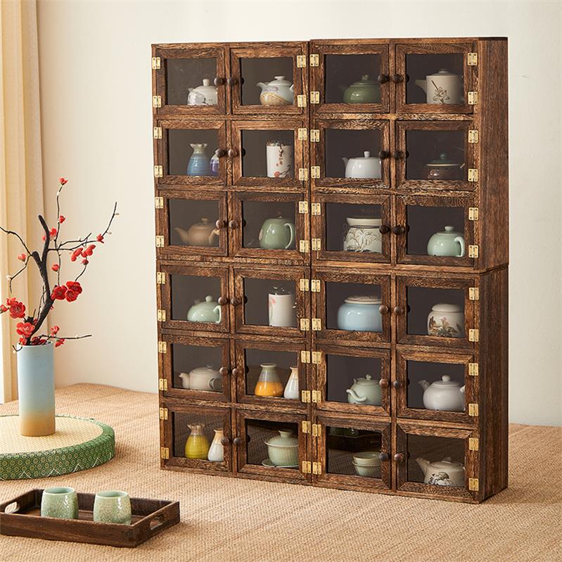 防尘展示架收纳架防尘复古式茶具摆件茶杯茶壶简约现代多宝阁茶柜